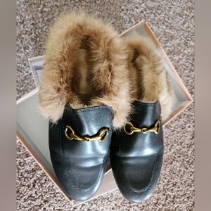Black Leather Fur-Lined Loafers